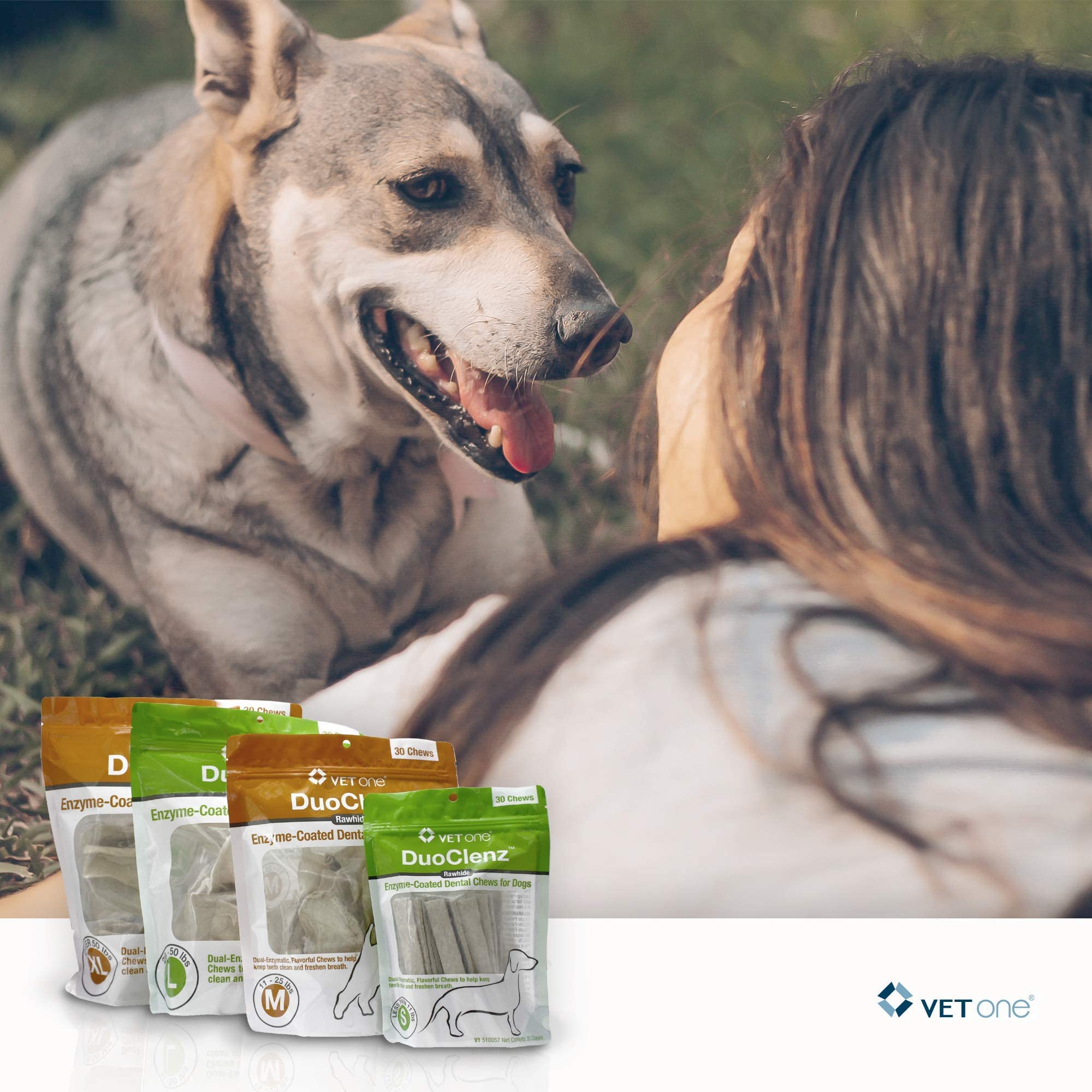 Vet One DuoClenz poultry-flavor coating shows tasty chews for daily dental care.