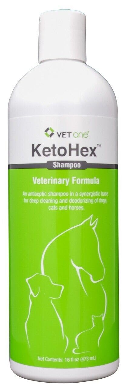 Vet One KetoHex close-up skin image suggests lesion-friendly formula for pets.