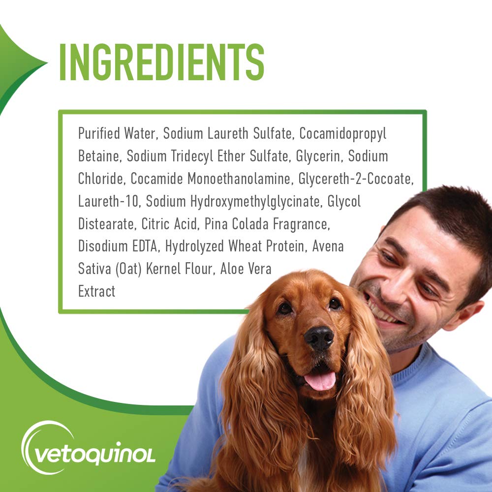 Vetoquinol Aloe & Oatmeal Shampoo maintaining moisture without stripping skin oils.