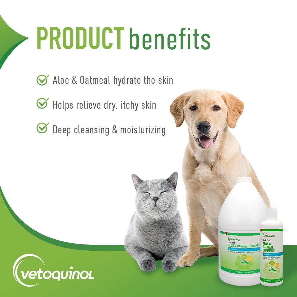Vetoquinol Aloe & Oatmeal Shampoo rich lather cleanses while preserving natural oils.