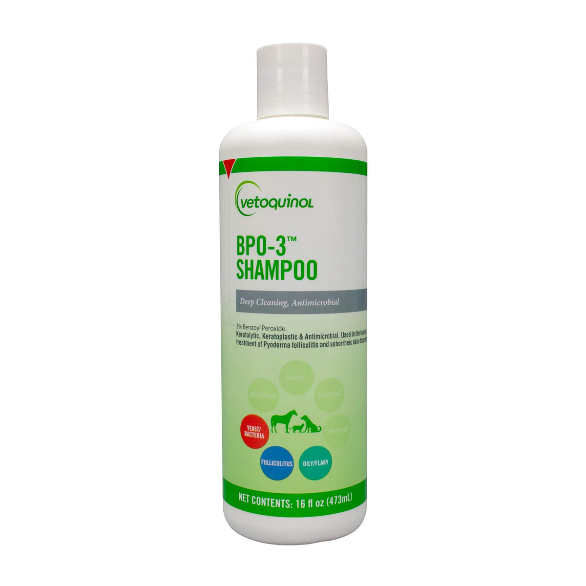 Vetoquinol BPO-3 Shampoo bottle highlighting deep cleaning formula.
