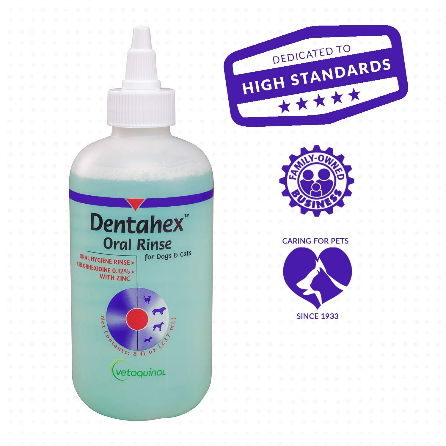 Vetoquinol Dentahex 8oz packaging front signals ready-to-use size and value.