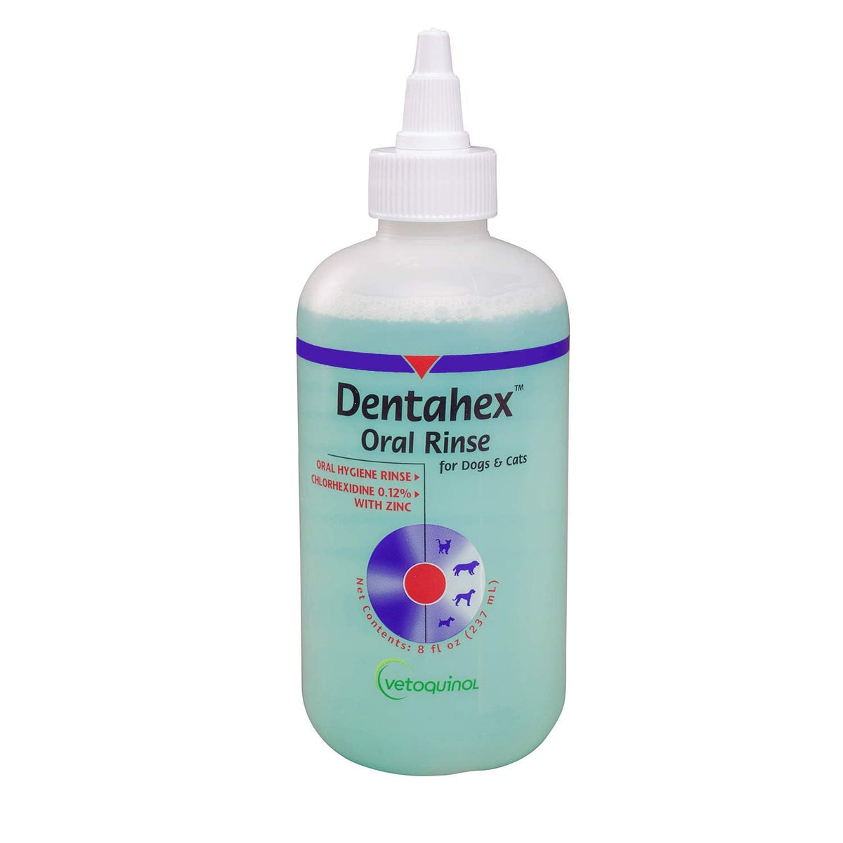 Vetoquinol Dentahex bottle pour demonstrates easy pet rinse for fresher breath.