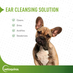 Vetoquinol ear cleaning being applied on a dog's ear during grooming for deodorized, clean ears.