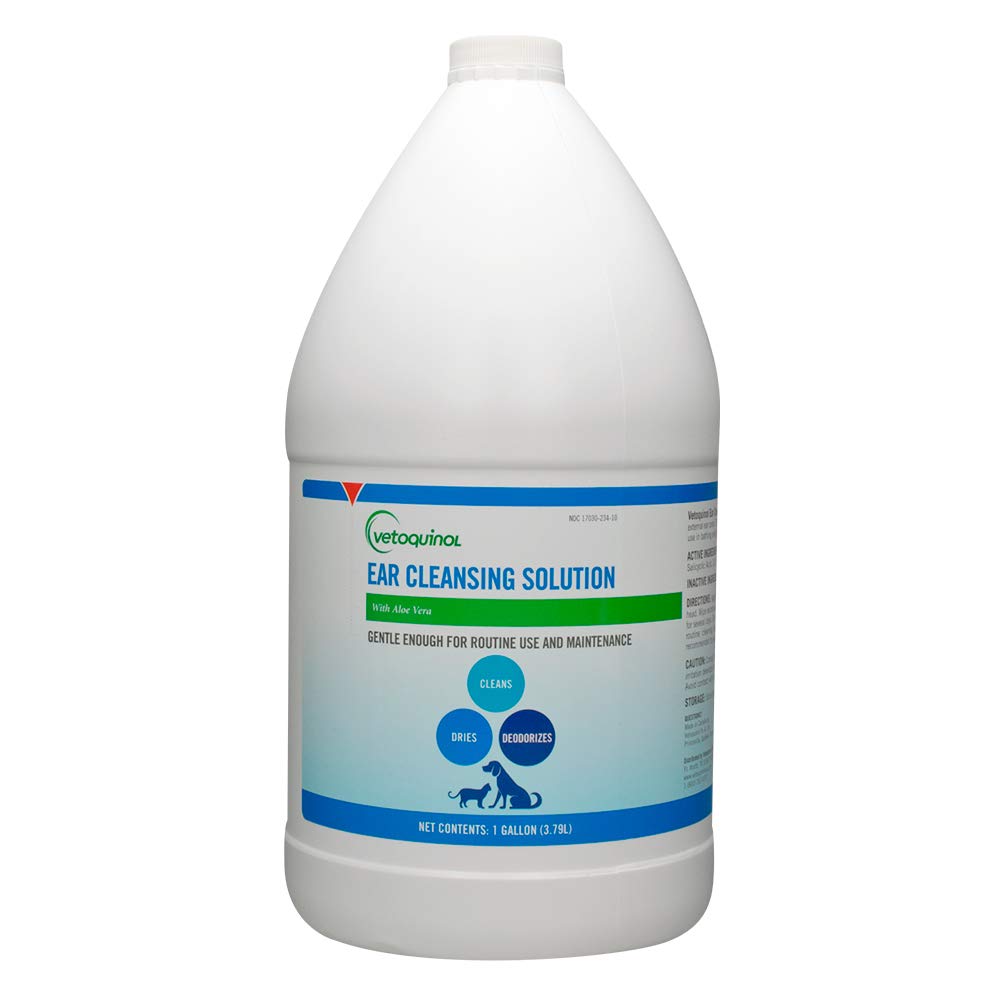 Vetoquinol ear cleansing solution bottle close-up promoting gentle ear cleaning for dogs and cats.