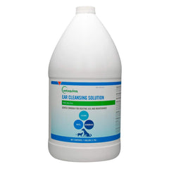 Vetoquinol ear cleansing solution bottle close-up promoting gentle ear cleaning for dogs and cats.