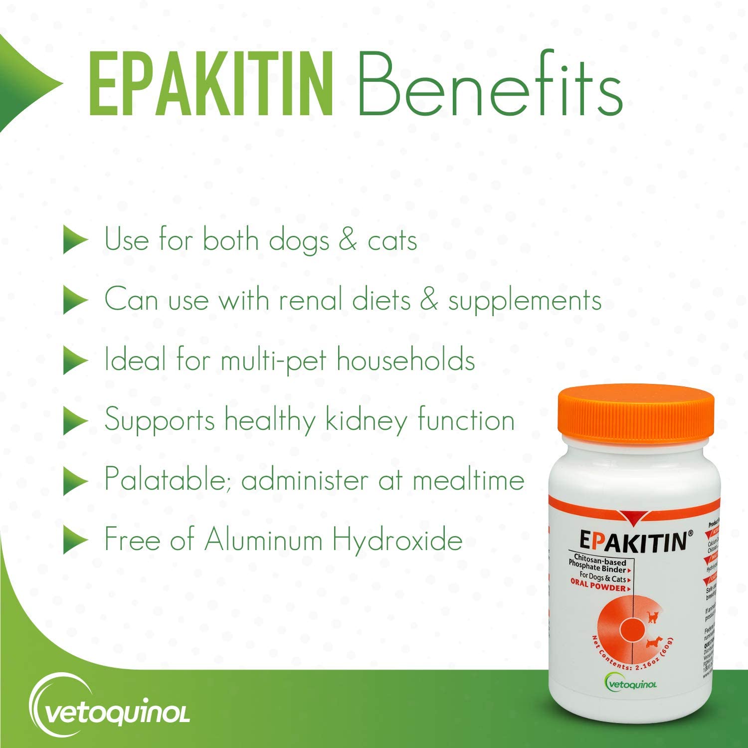 Vetoquinol Epakitin chitosan powder pour showing palatable texture for pets.
