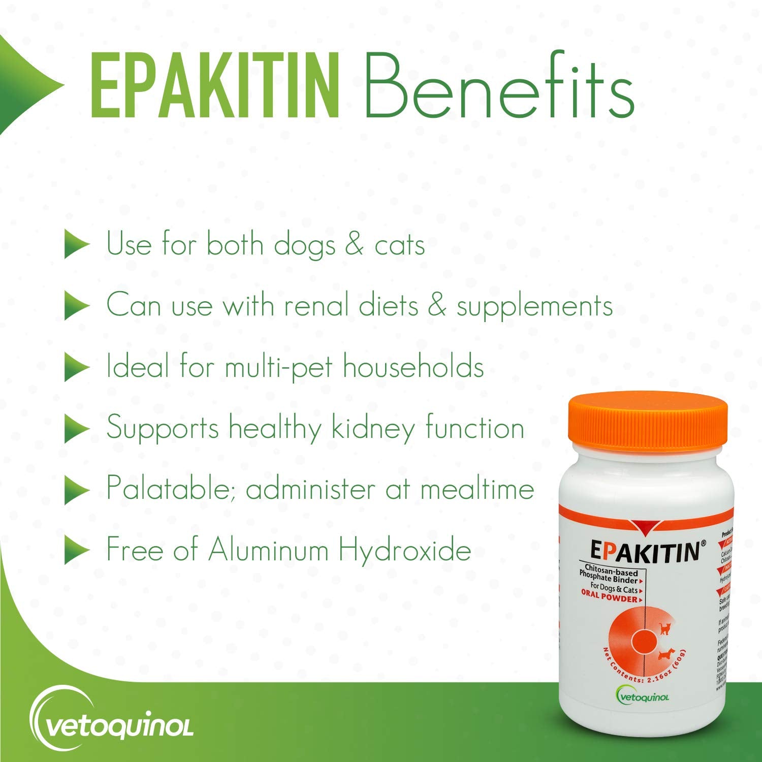 Vetoquinol Epakitin powder tub front view for easy dosing with meals