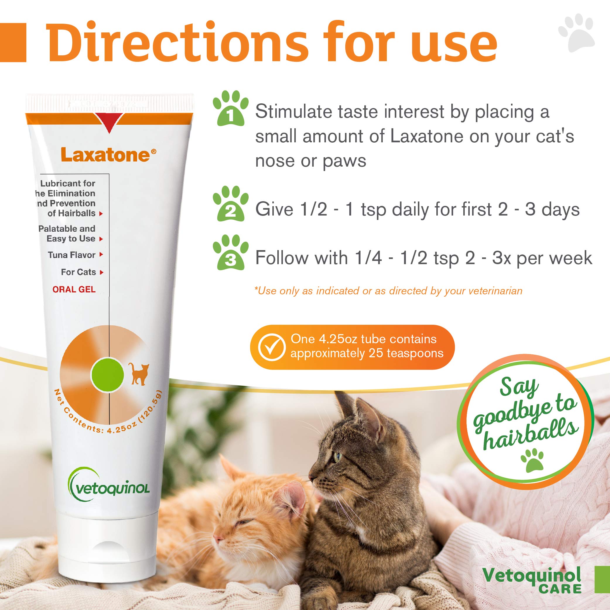 Vetoquinol Laxatone cat-paw dab shows pet-friendly gel for routine use.