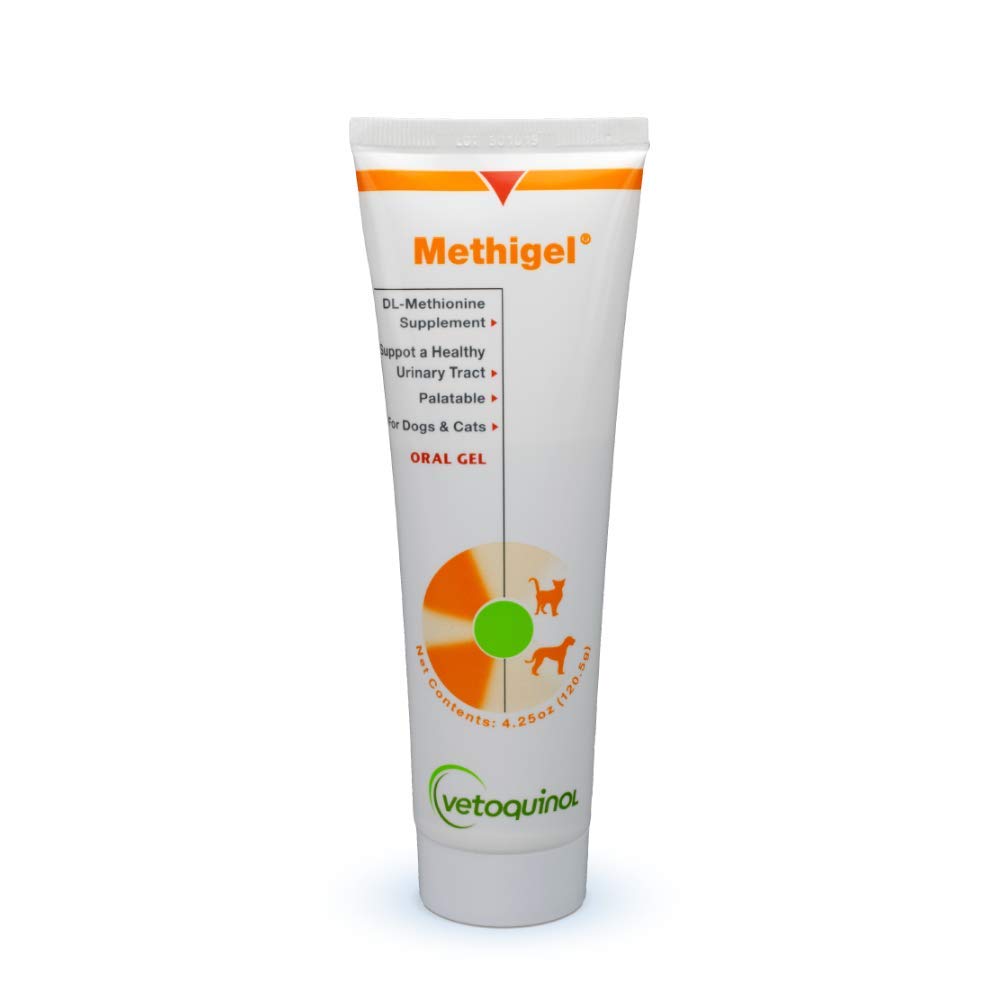 Vetoquinol Methigel tube close-up showing urinary balance support.