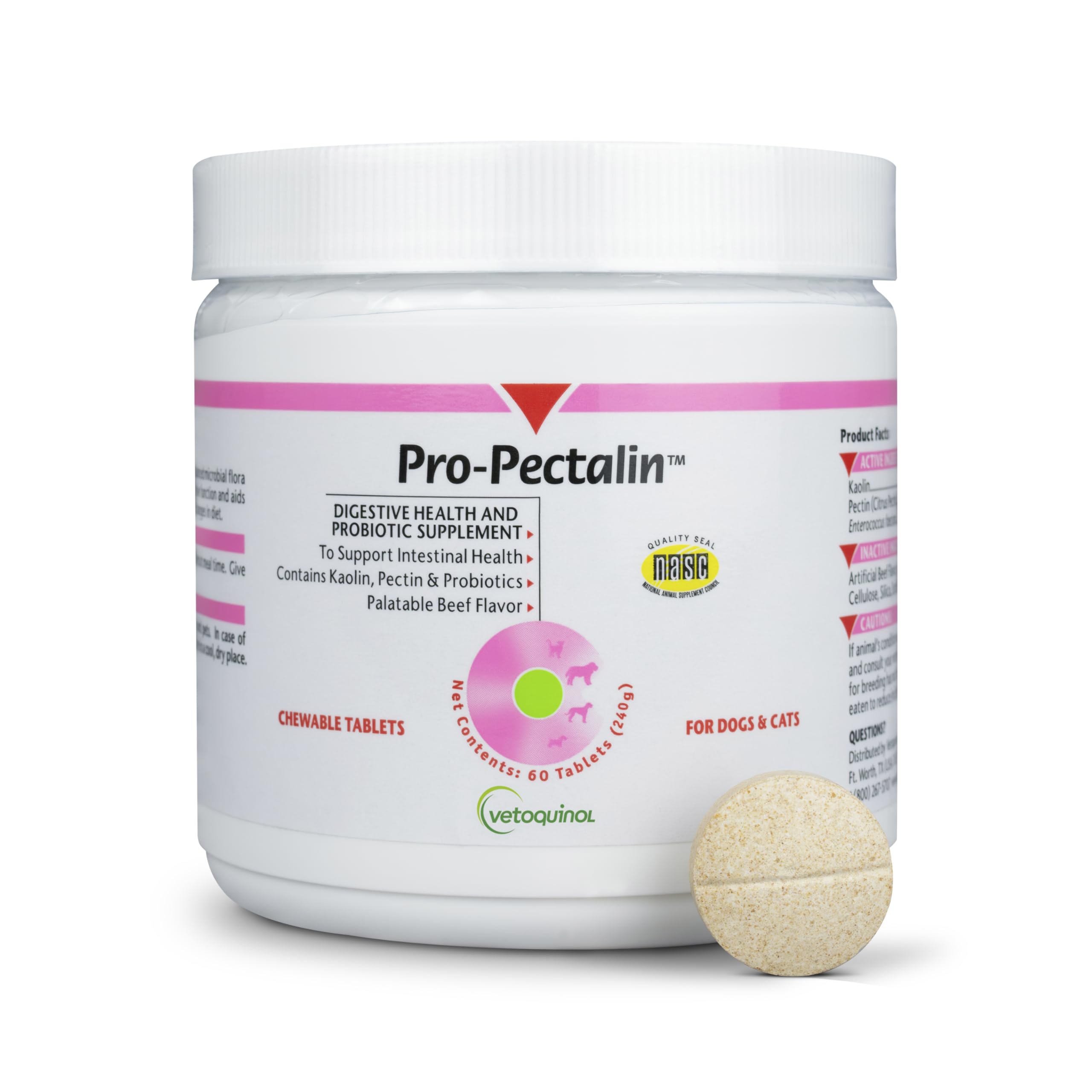 Vetoquinol Pro-Pectalin chewy tablets bottle supports occasional diarrhea relief for dogs and cats.