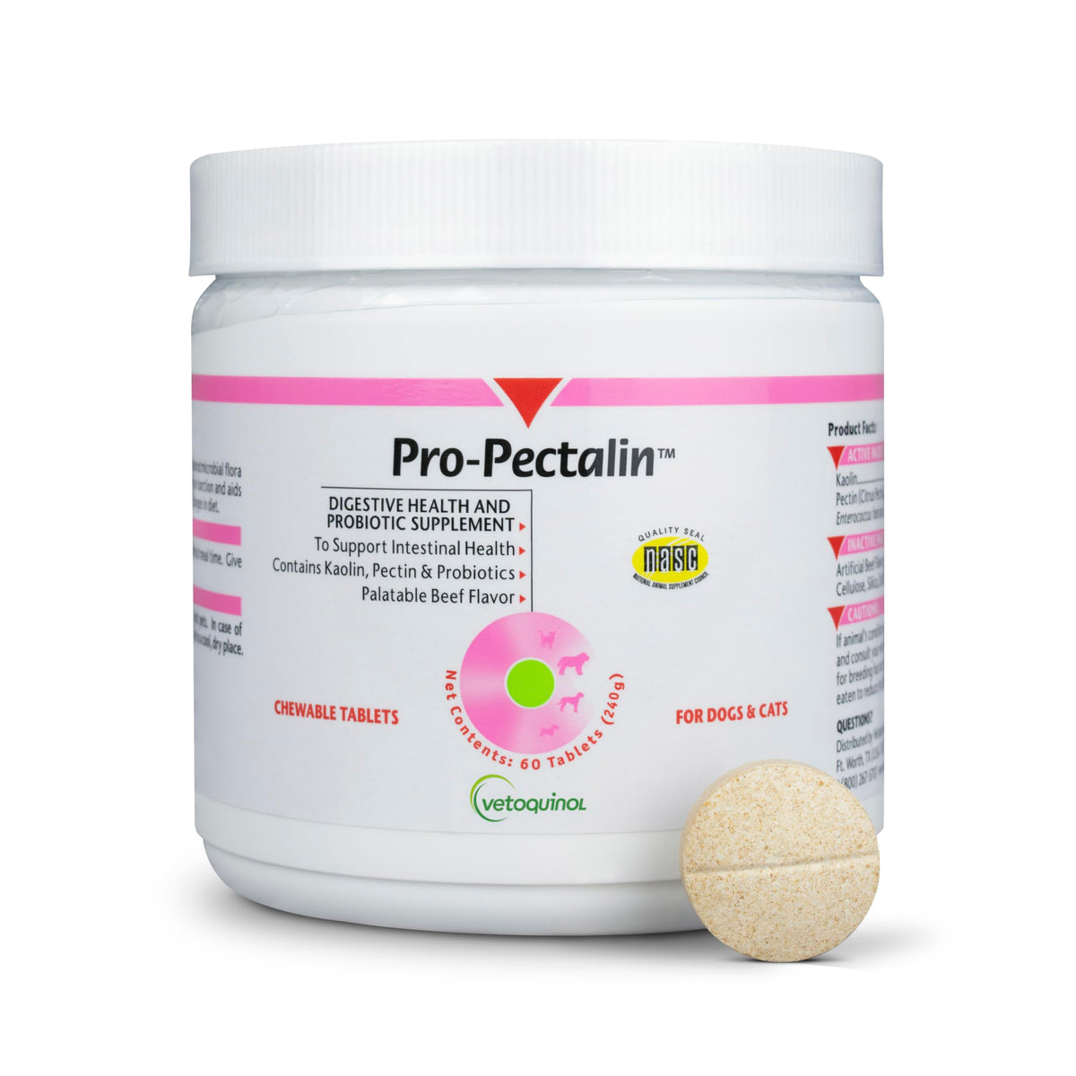 Vetoquinol Pro-Pectalin chewy tablets bottle supports occasional diarrhea relief for dogs and cats.