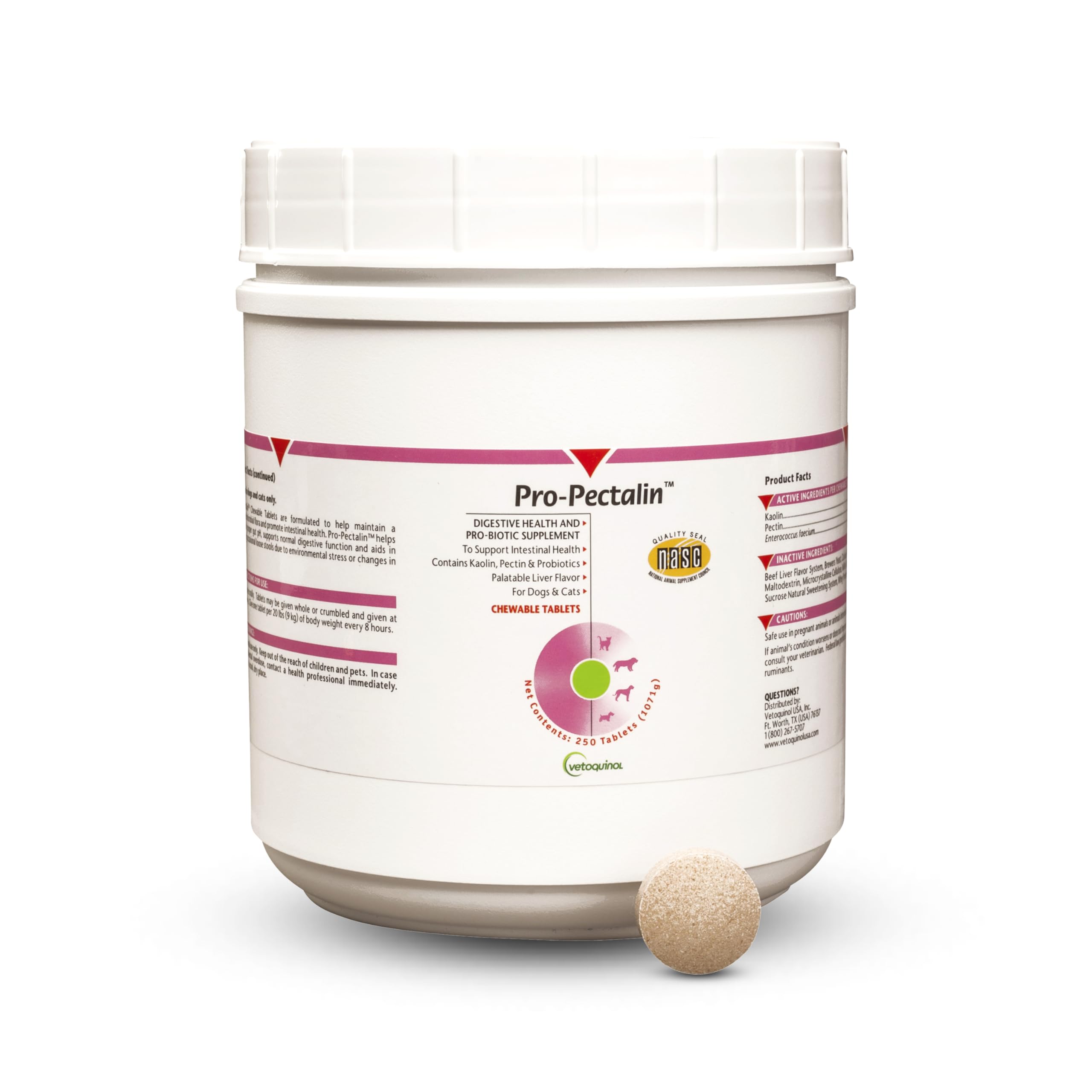 Vetoquinol Pro-Pectalin bottle with chewables for convenient diarrhea relief in dogs and cats.
