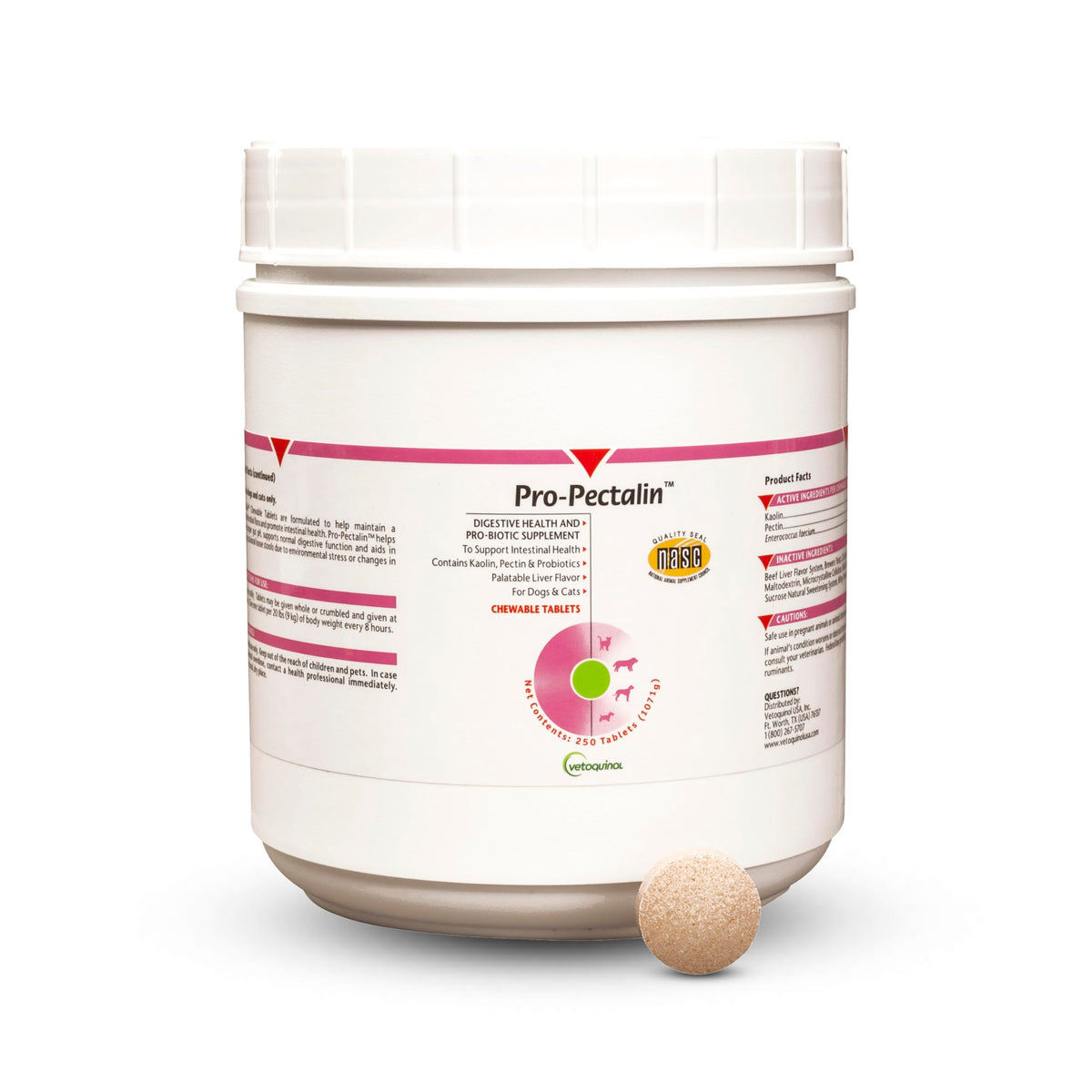 Vetoquinol Pro-Pectalin bottle with chewables for convenient diarrhea relief in dogs and cats.