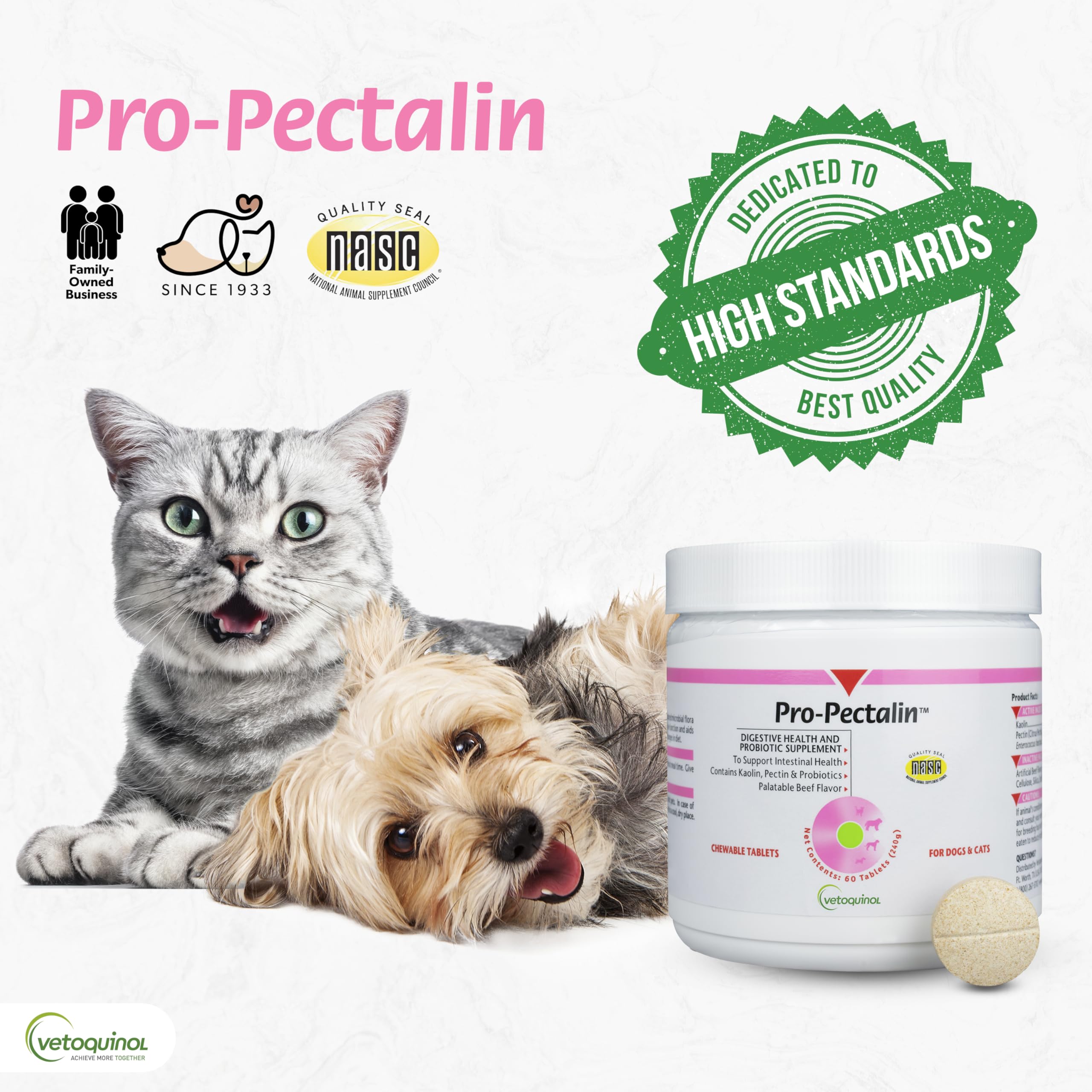 Vetoquinol Pro-Pectalin digestive support image signals probiotic gut balance.
