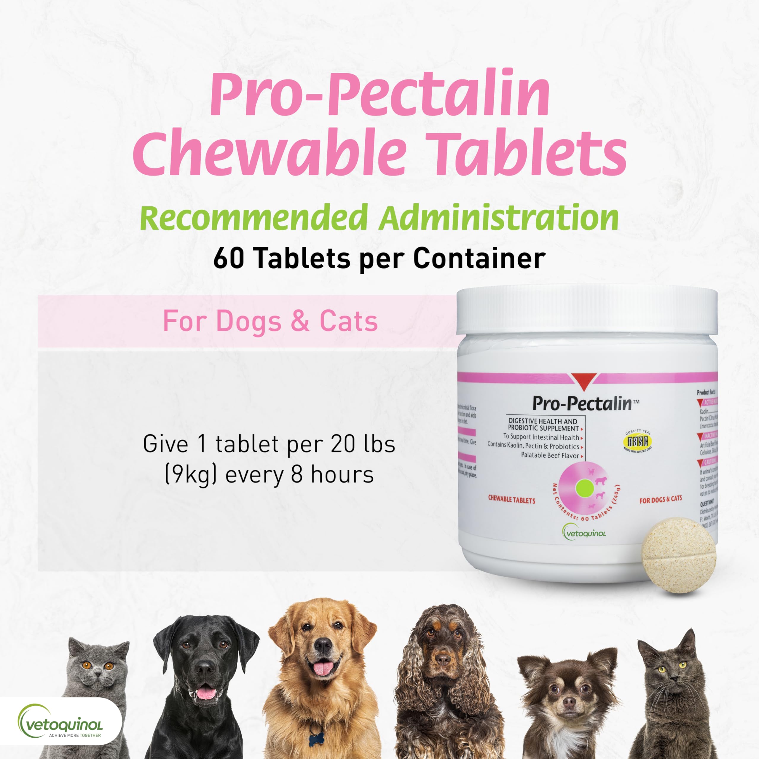 Vetoquinol Pro-Pectalin label closeup emphasizes kaolin and pectin benefits.