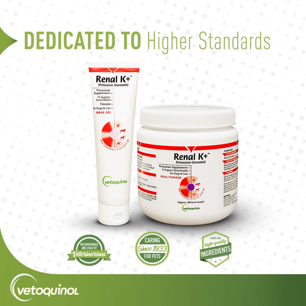 Vetoquinol Renal K+ bottle sits among pet health essentials for kidney support.