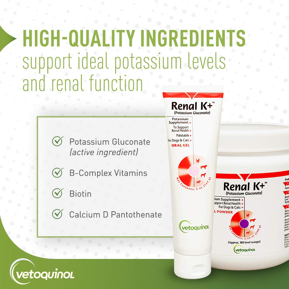 Vetoquinol Renal K+ powder cat usage demonstrates mixing into food for feline health support.