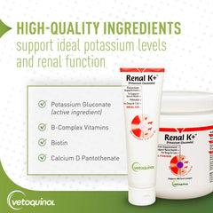 Vetoquinol Renal K+ powder cat usage demonstrates mixing into food for feline health support.