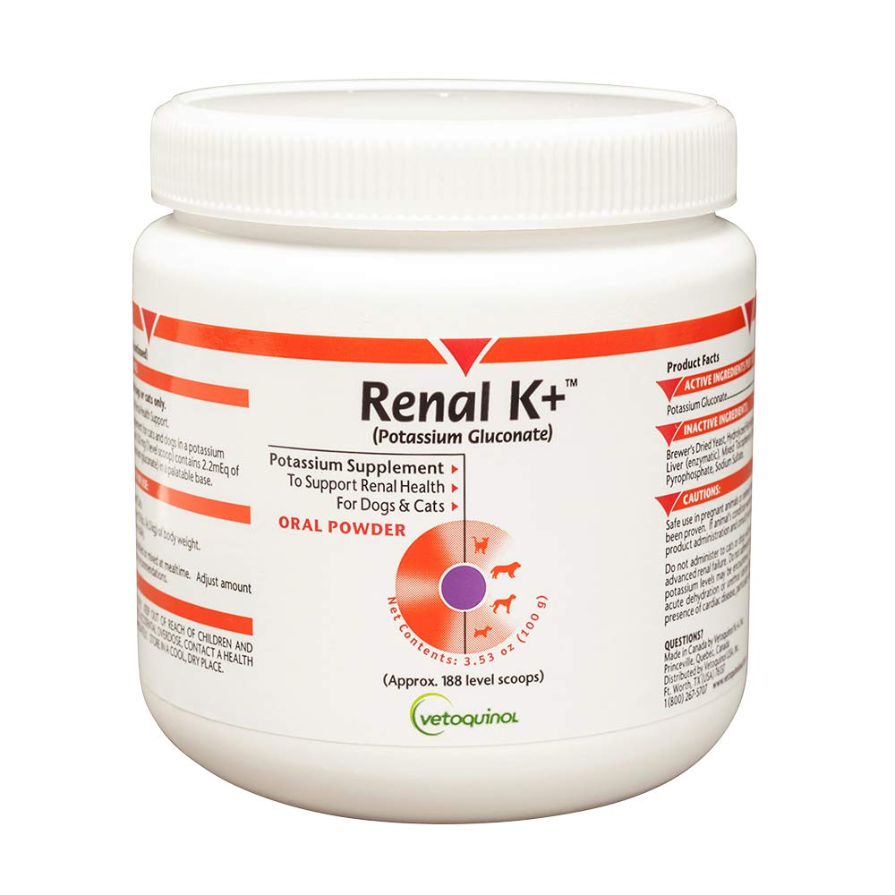 Vetoquinol Renal K+ powder tub front shows palatable kidney support for dogs and cats.