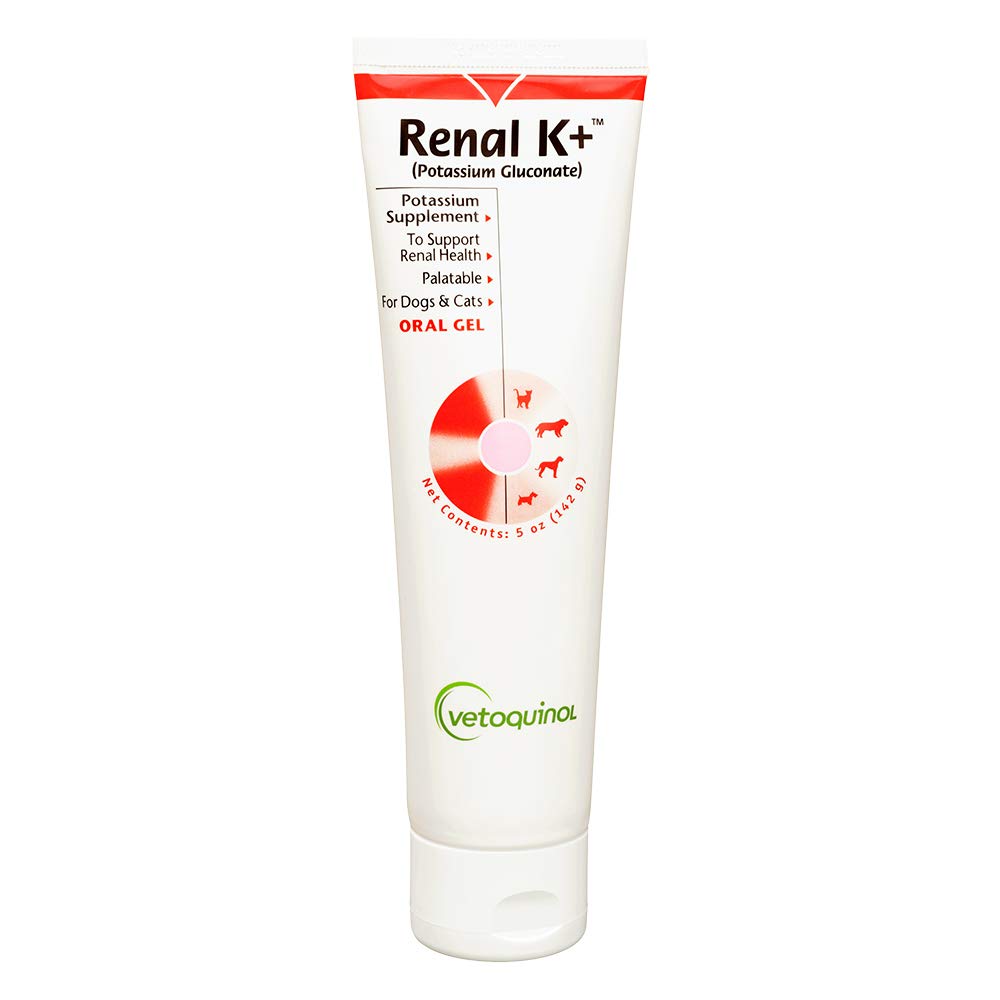 Vetoquinol Renal K+ gel bottle for potassium supplementation in pets.