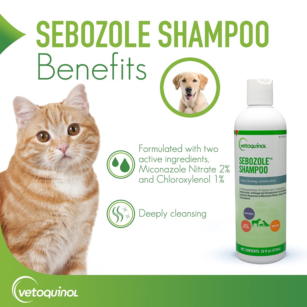 Vetoquinol Sebozole shampoo label close-up showing active ingredients