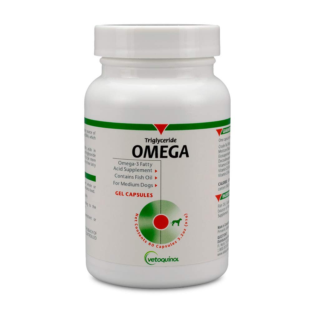 Vetoquinol Triglyceride Omega dog supplement bottle-front promotes healthy skin and coat.