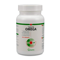 Vetoquinol Triglyceride Omega dog supplement bottle-front promotes healthy skin and coat.