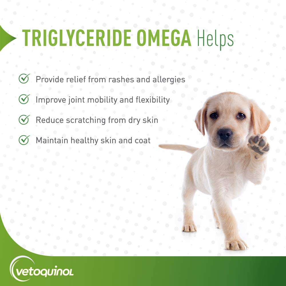 Vetoquinol Triglyceride Omega capsules for daily support of skin, coat, and joints.