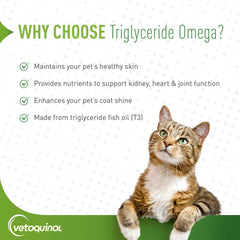 Vetoquinol Triglyceride Omega label closeup highlights wild-caught fish oil and vitamins.