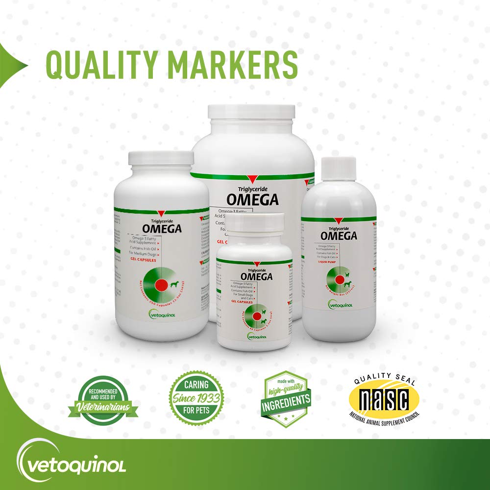 Vetoquinol Triglyceride Omega nutrition facts panel highlights vitamins A, D3, and E.