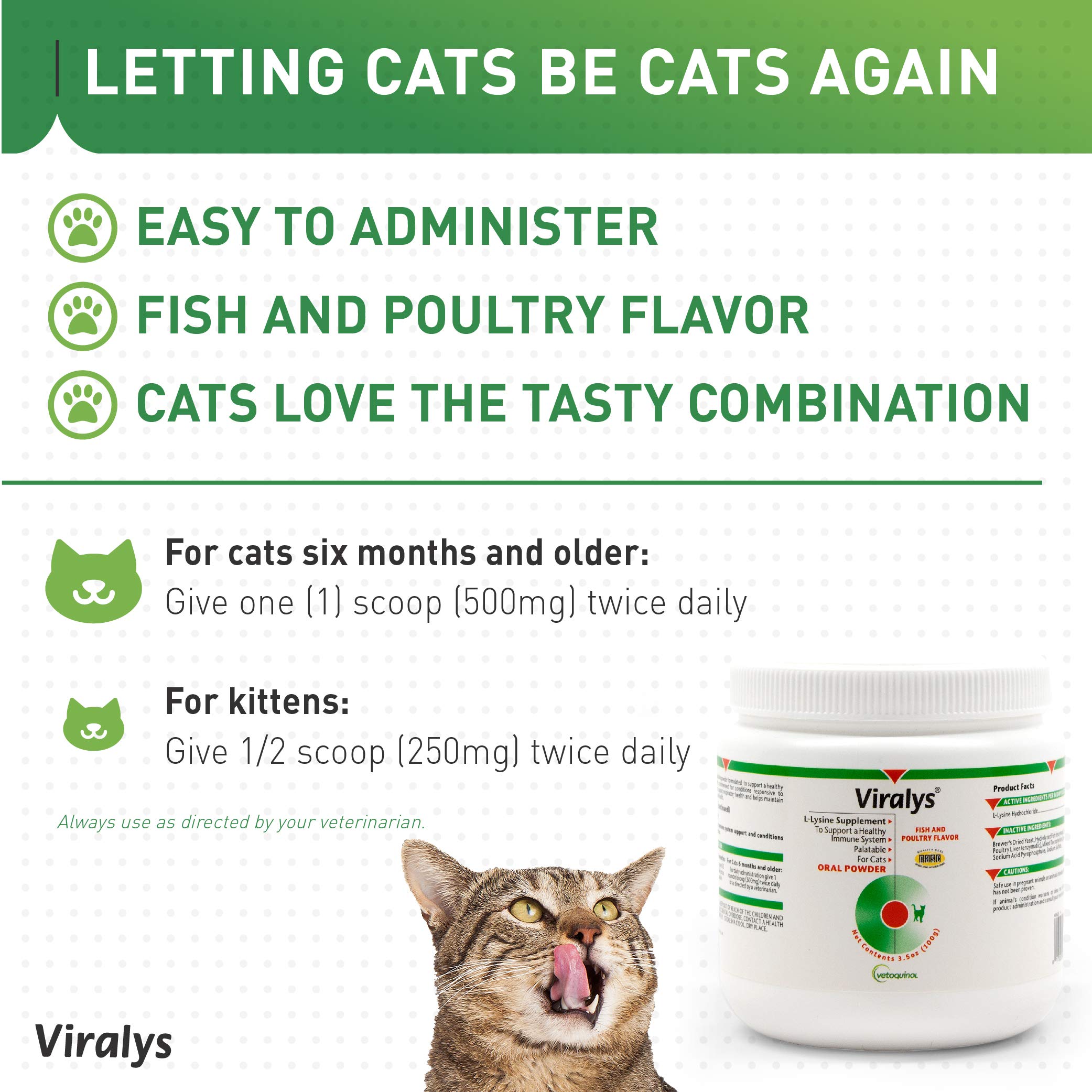 Vetoquinol Viralys cat dosing on food illustration shows simple lysine supplementation.
