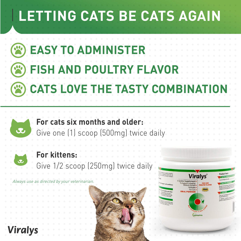 Vetoquinol Viralys cat dosing on food illustration shows simple lysine supplementation.