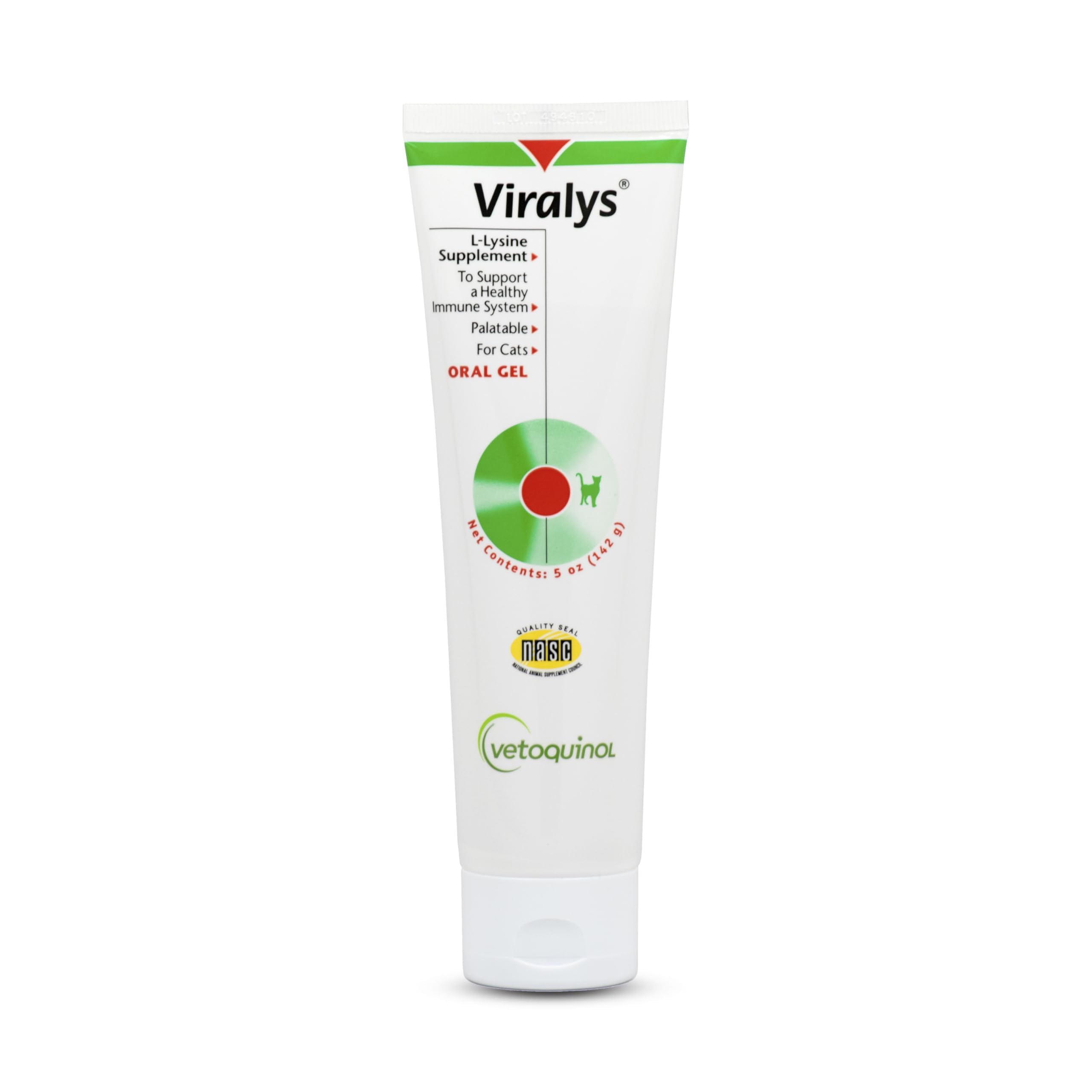 Vetoquinol Viralys daily lysine gel bottle pouring for cats, easy immune support.