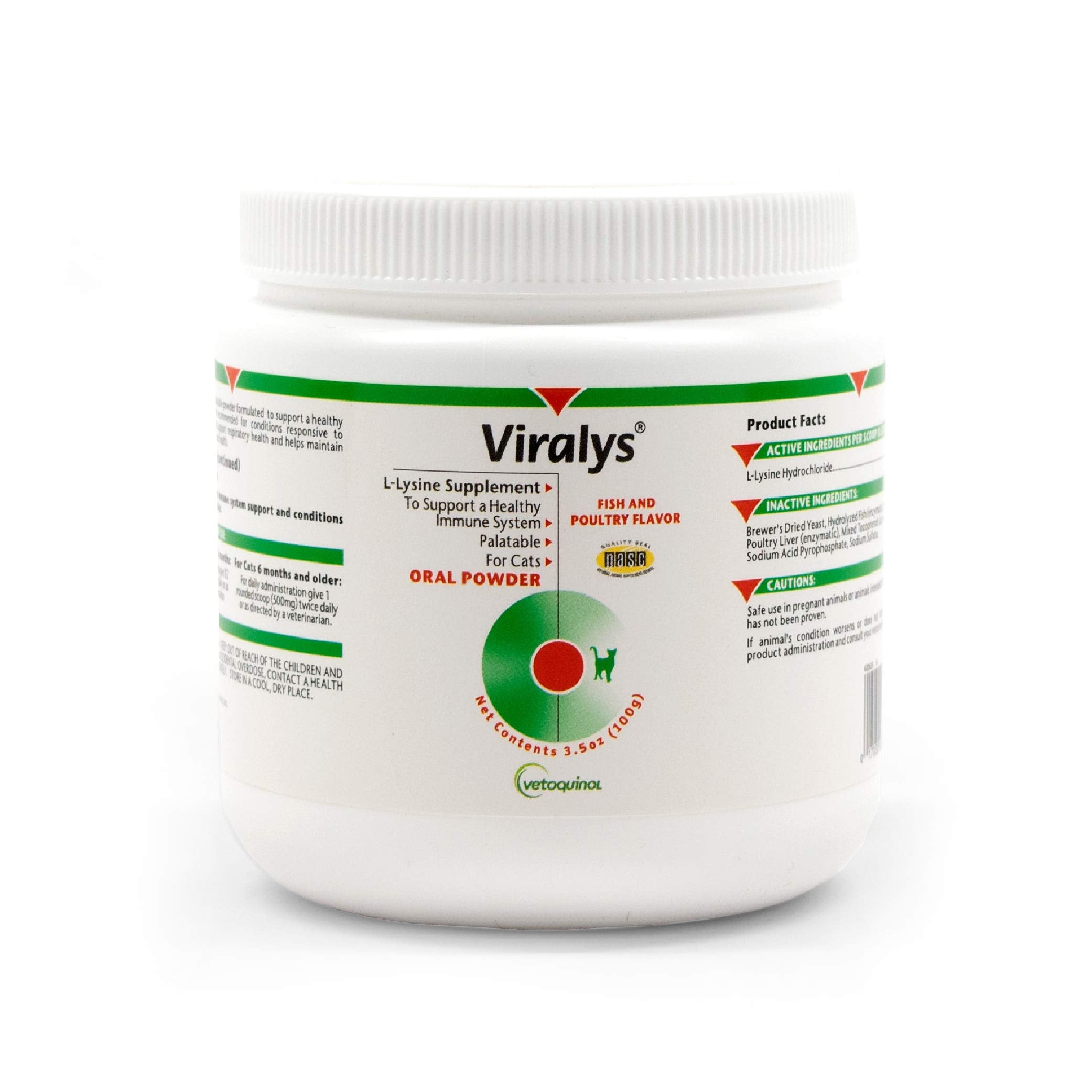 Vetoquinol Viralys daily lysine powder tub for cats supports immune health and respiratory comfort.
