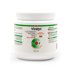 Vetoquinol Viralys daily lysine powder tub for cats supports immune health and respiratory comfort.