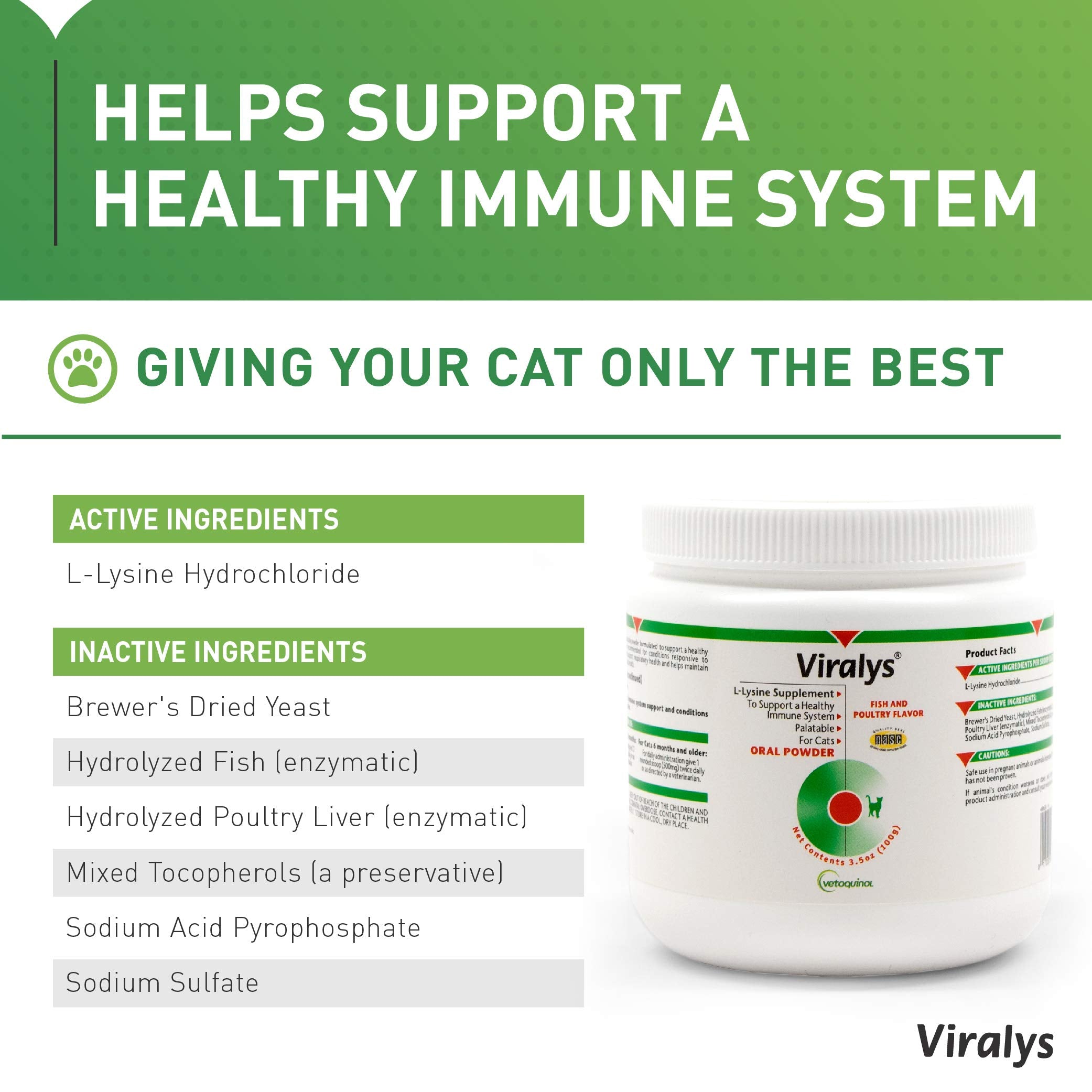 Vetoquinol Viralys fish-flavored lysine powder appeals to cats, aiding daily immune support.