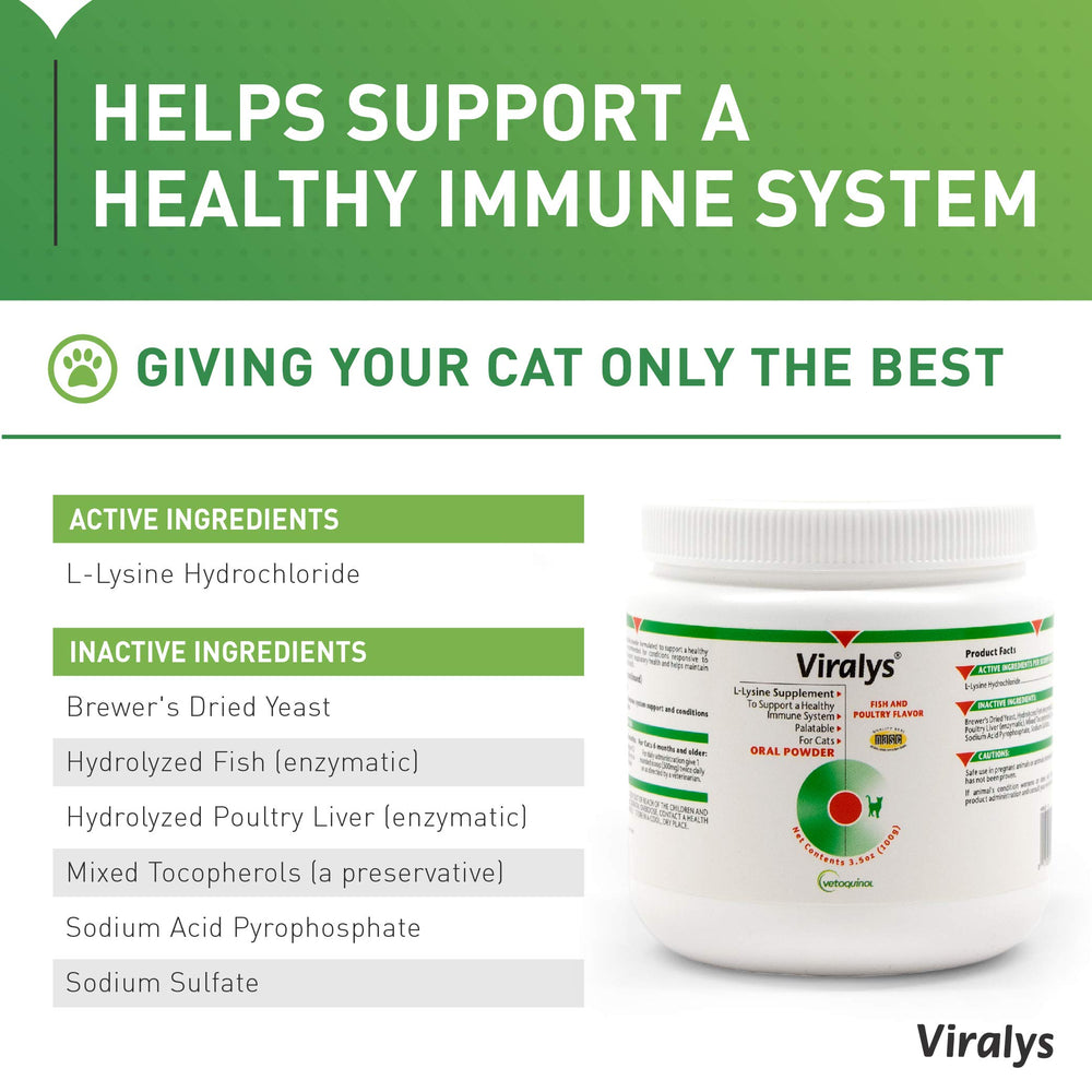 Vetoquinol Viralys fish-flavored lysine powder appeals to cats, aiding daily immune support.