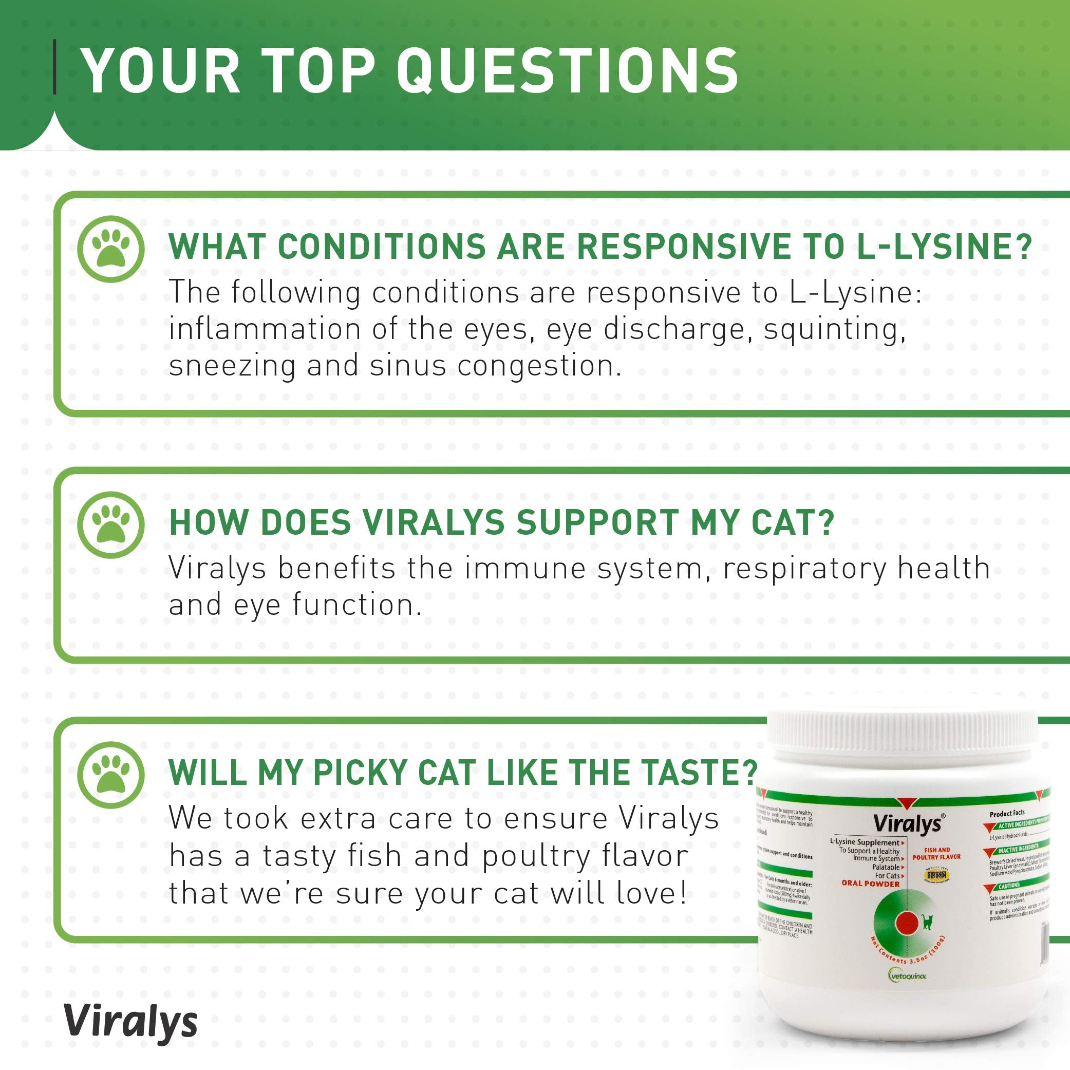 Vetoquinol Viralys immune support for cats emphasizing eye and respiratory health benefits.