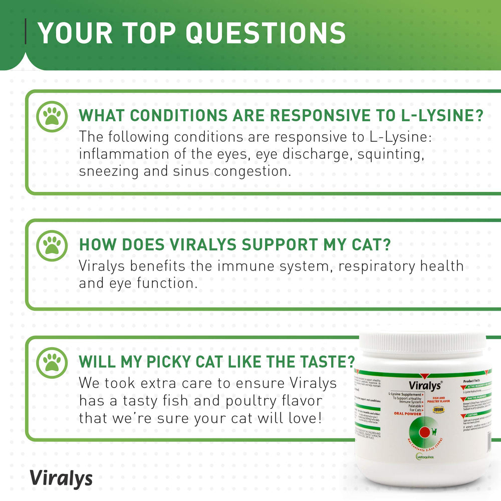 Vetoquinol Viralys immune support for cats emphasizing eye and respiratory health benefits.