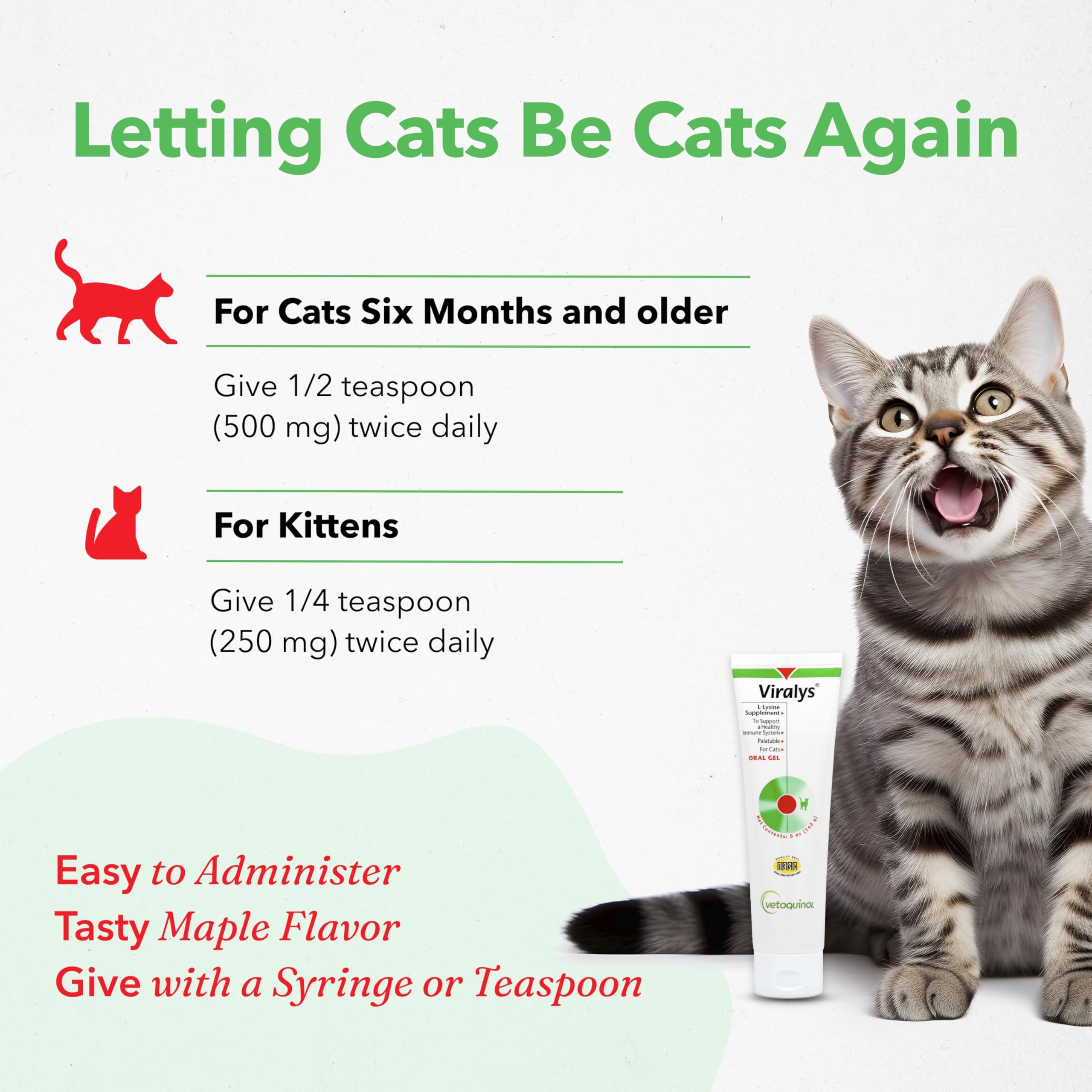 Vetoquinol Viralys lysine gel dosing guidance for cats and kittens.