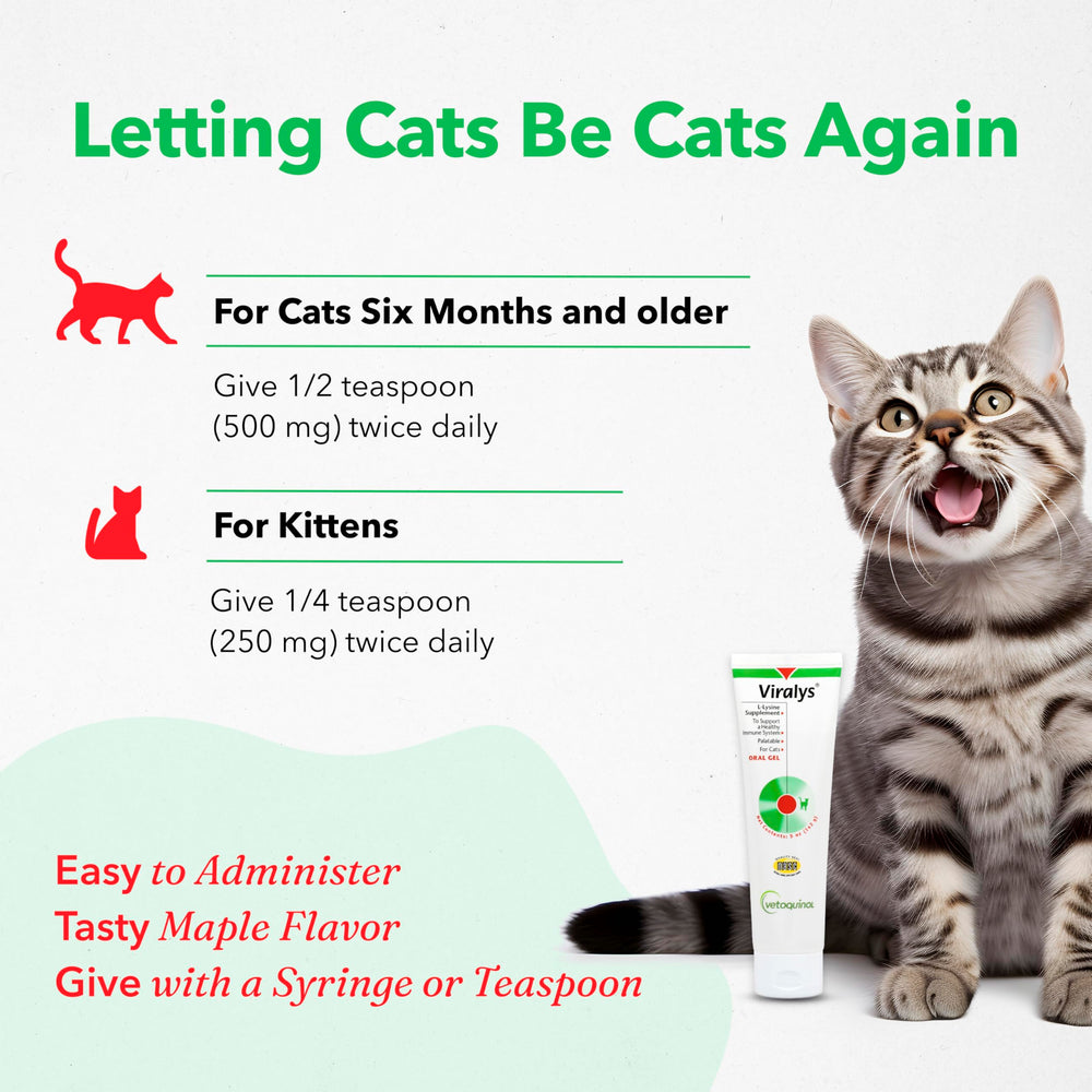 Vetoquinol Viralys lysine gel dosing guidance for cats and kittens.