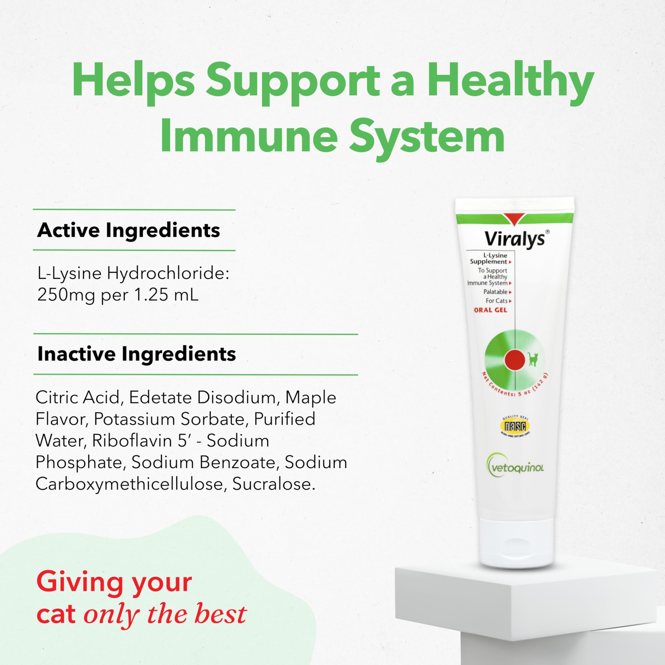 Vetoquinol Viralys maple flavor cats, palatable lysine gel for immune health.