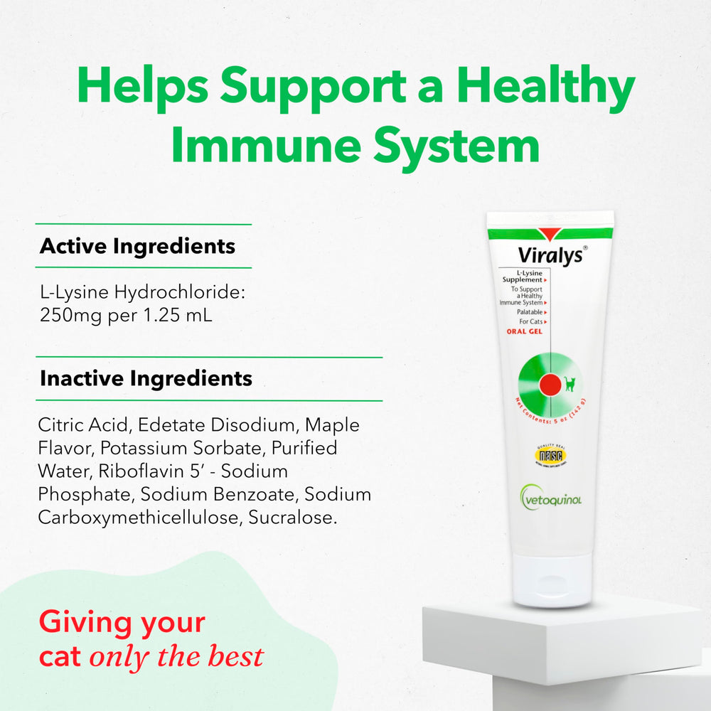 Vetoquinol Viralys maple flavor cats, palatable lysine gel for immune health.
