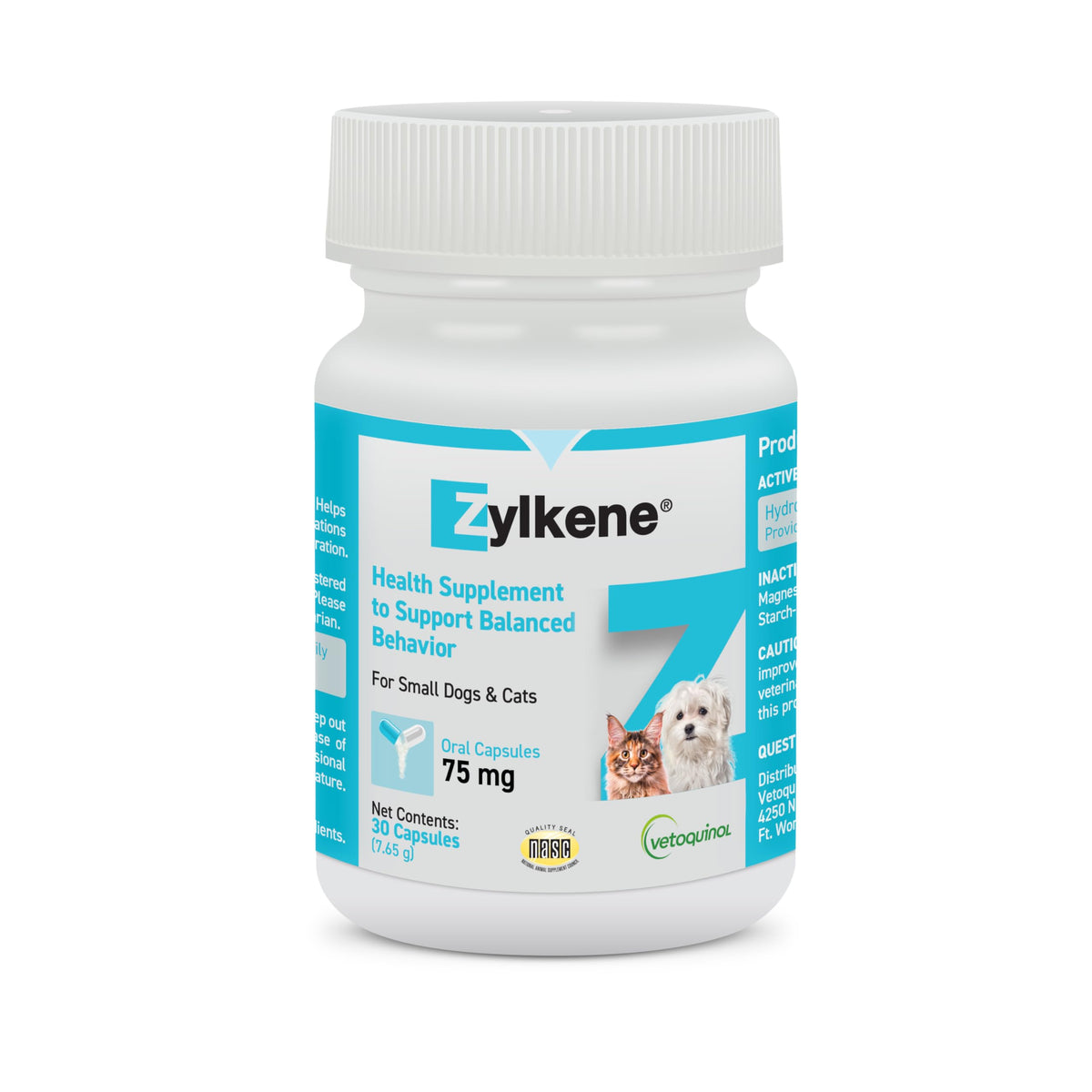 Vetoquinol Zylkene capsule closeup for daily calming support.