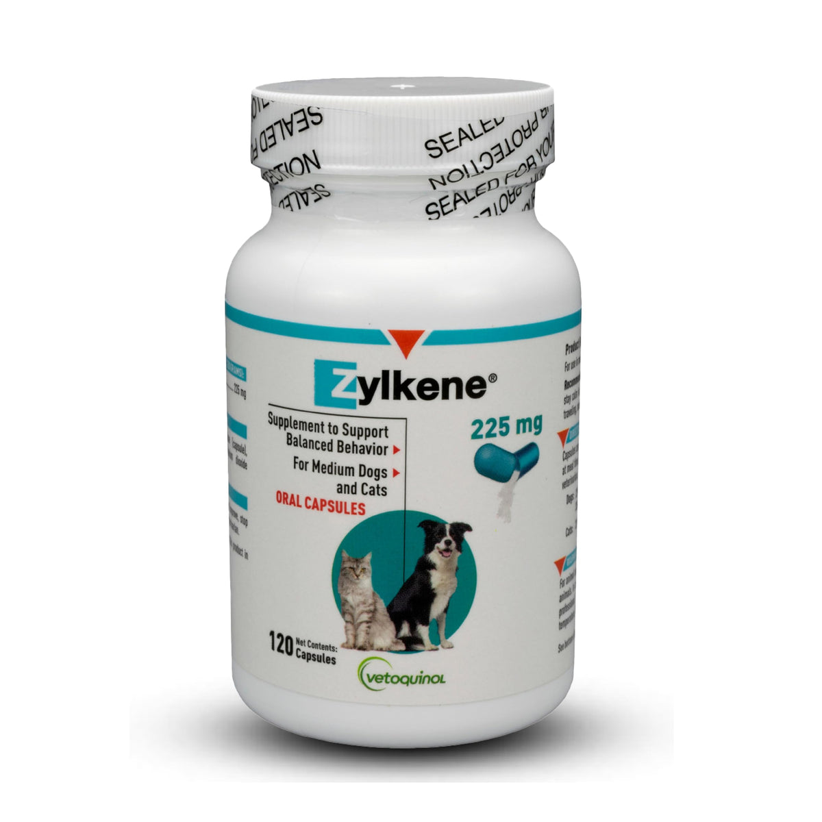 Vetoquinol Zylkene dog capsules in bottle for daily calming support.