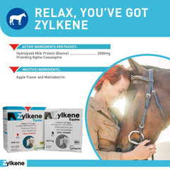 Vetoquinol Zylkene Equine label closeup emphasizes product details and usage.