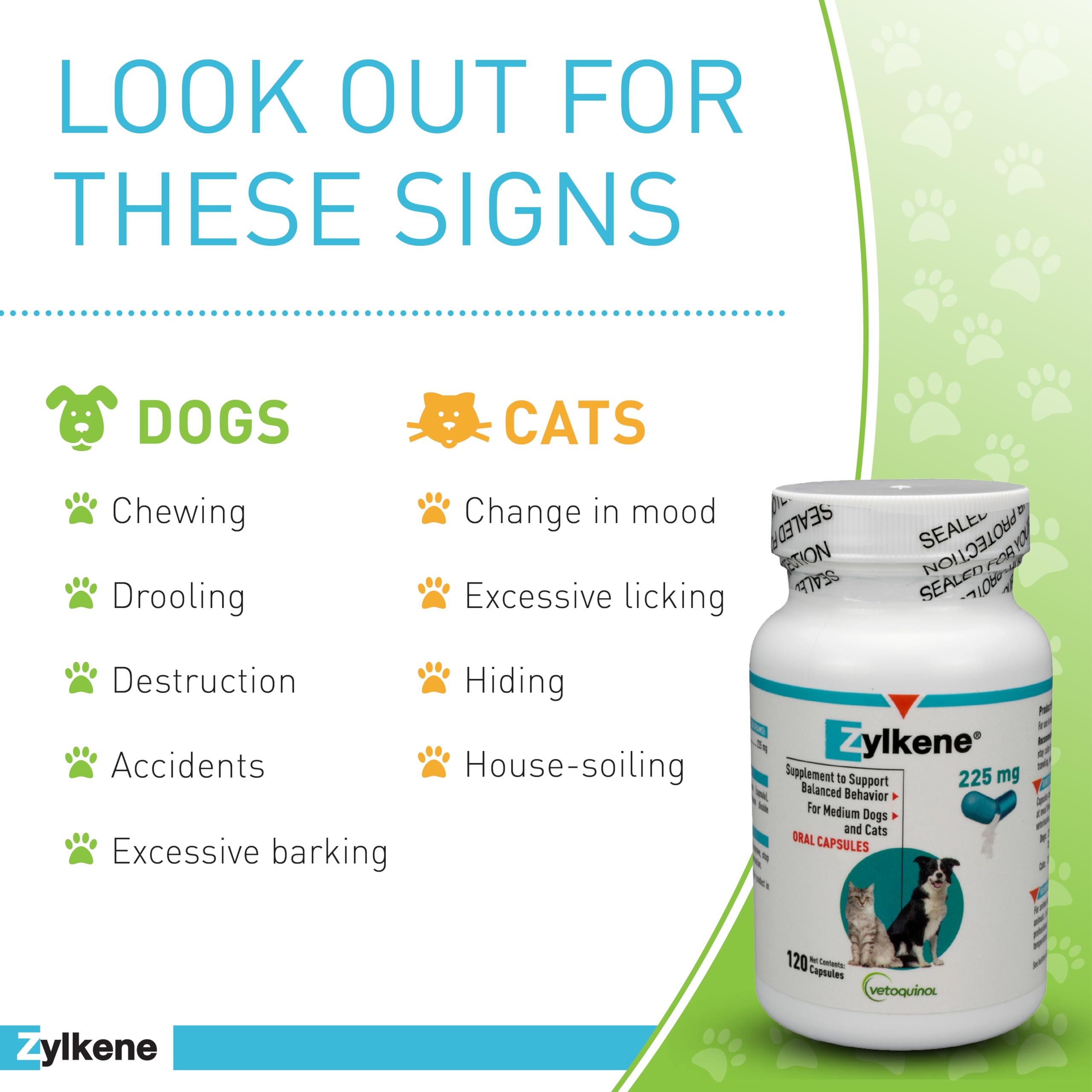 Vetoquinol Zylkene packaging front highlighting lactose-free formula for sensitive stomachs.