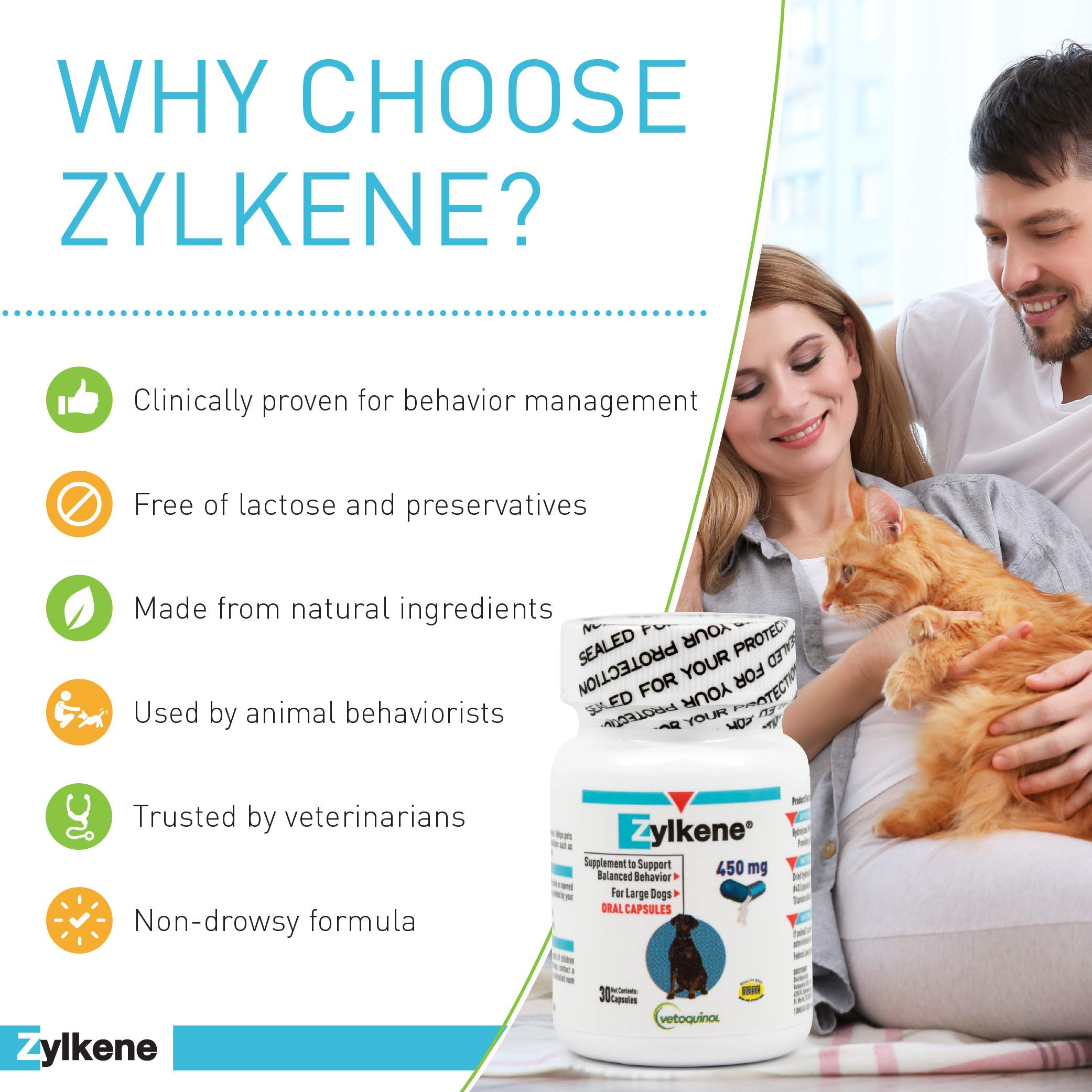 Vetoquinol Zylkene packaging tube showcasing daily calming support.