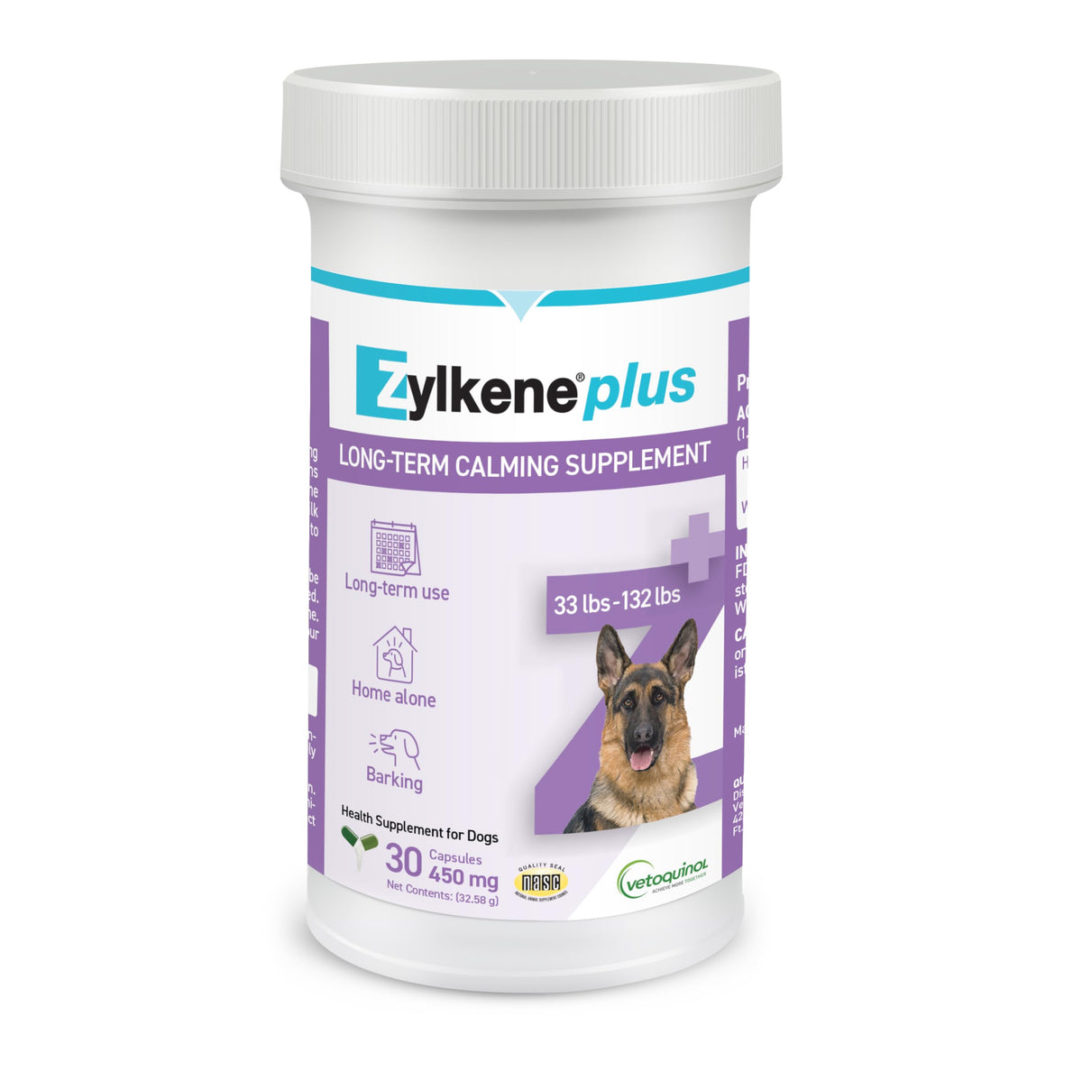 Vetoquinol Zylkene Plus large dog bottle shows daily calming support during routine changes.